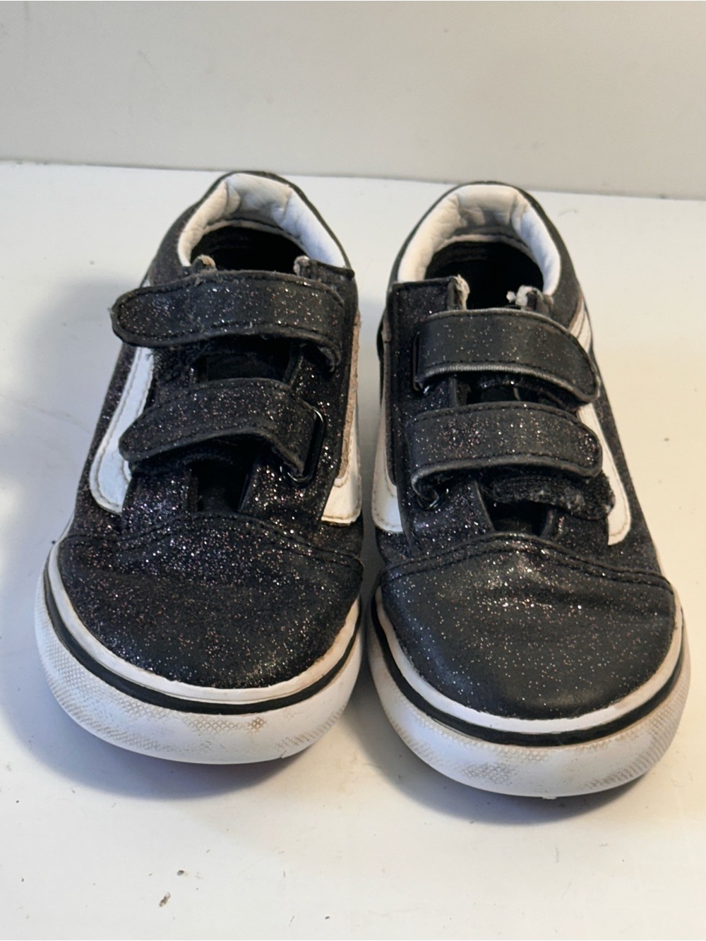 Vans Old Skool V Toddler 9.5 Black Glitter Velcro Sneakers Kids Shoes
